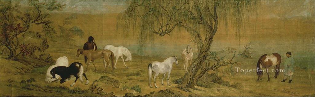 Lang caballos brillantes en el campo chino antiguo Pintura al óleo